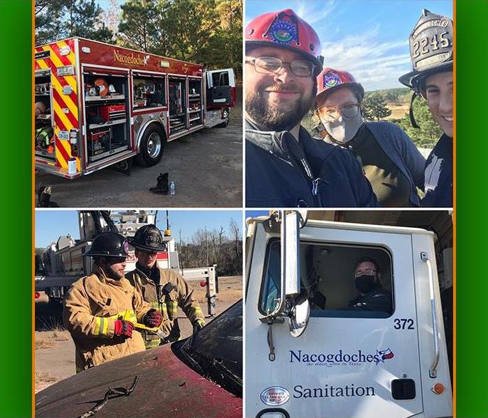 SERVPRO's Dakota Marks stands with Nacogdoches Firefighters in front of firetruck 