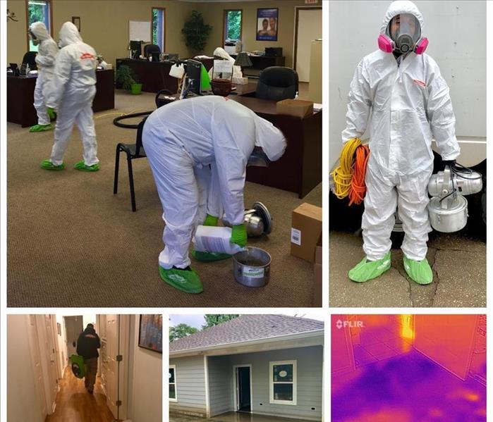 A photo collage of various SERVPRO employees and equipment on a job site.