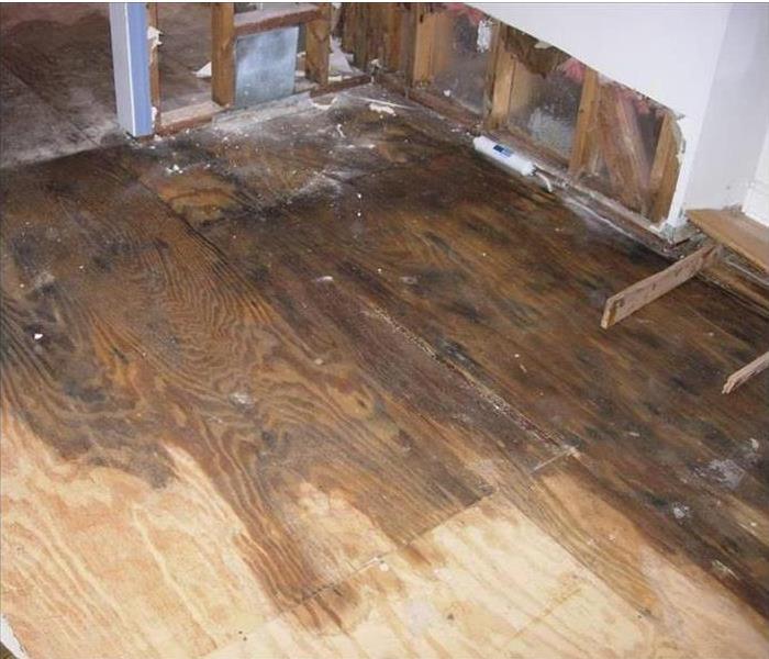 A flooded wooden floor that has begun to sag under the weight