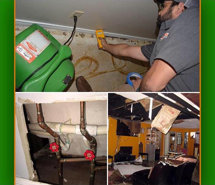 Water damage and a SERVPRO employee working 